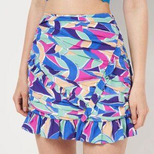 Zara Ruffle Pintuck Mini Beach Skirt Lined Multicolor Geo-Printed Viscose